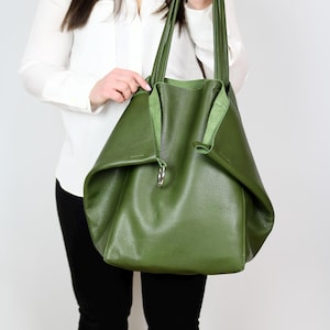 Large Green Leather Bag – Handmade Soft Leather Shoulder Tote – Slouchy Large Leather Purse