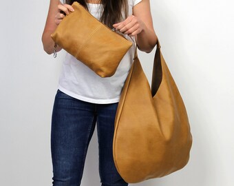 Boho Oversized Leather Hobo Bag – Handmade Brown Slouchy Shoulder Handbag with Detachable Cosmetic Bag and Magnetic Closure