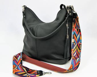 Black Leather Hobo Bag, Everyday Shoulder Bag, Aztec Strap Detail