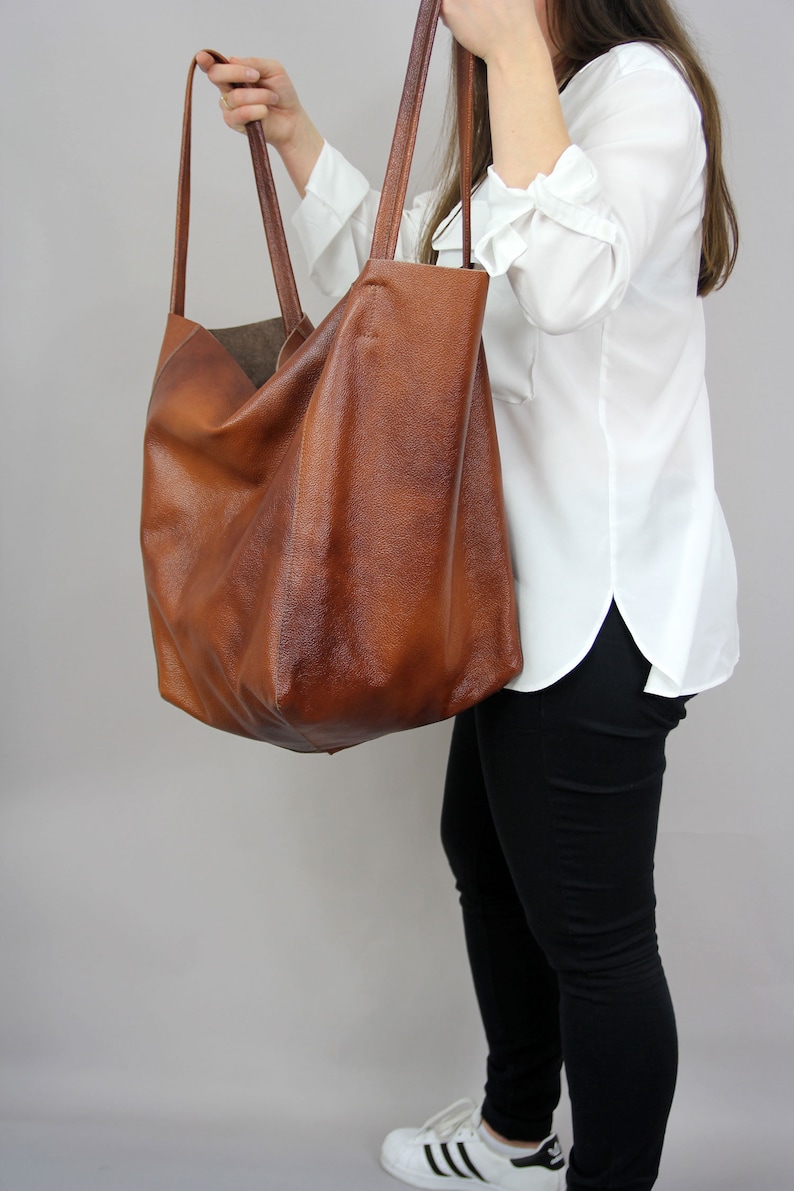 Large leather shoulder bag Brown Slouchy Tote Brown Handbag Etsy