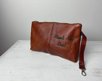 Borsa per il trucco in pelle personalizzata - Pochette per cosmetici in pelle marrone cognac incisa