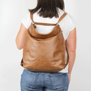 Brown LEATHER CONVERTIBLE BACKPACK Cognac brown Leather purse  Backpack Leather Shoulder Bag Crossbody Bag Women&#39;s handbag Leather bag