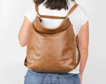 Brown LEATHER CONVERTIBLE BACKPACK Cognac brown Leather purse  Backpack Leather Shoulder Bag Crossbody Bag Women's handbag Leather bag