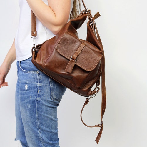 Convertible Brown Leather Backpack Purse: Shoulder Bag 
