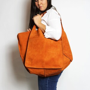 Leather Oversize Tote - Extra Large Orange Nubuck Leather Tote Bag with pocket for Women, Orange Leather Tote, Weekender Oversized bag