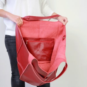 Fourre-tout en cuir rouge foncé, sac surdimensionné Grand sac en cuir, sac de tous les jours, sac en cuir pour femme Slouchy Tote, sac à main pour femme, sac en cuir souple image 7