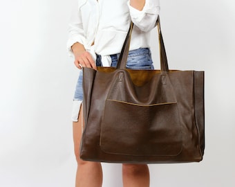 BROWN OVERSIZED TOTE,  Large Slouchy Tote, Brown Handbag for Women, Leather Bag, Every Day Bag, Women leather bag, Leather carry on