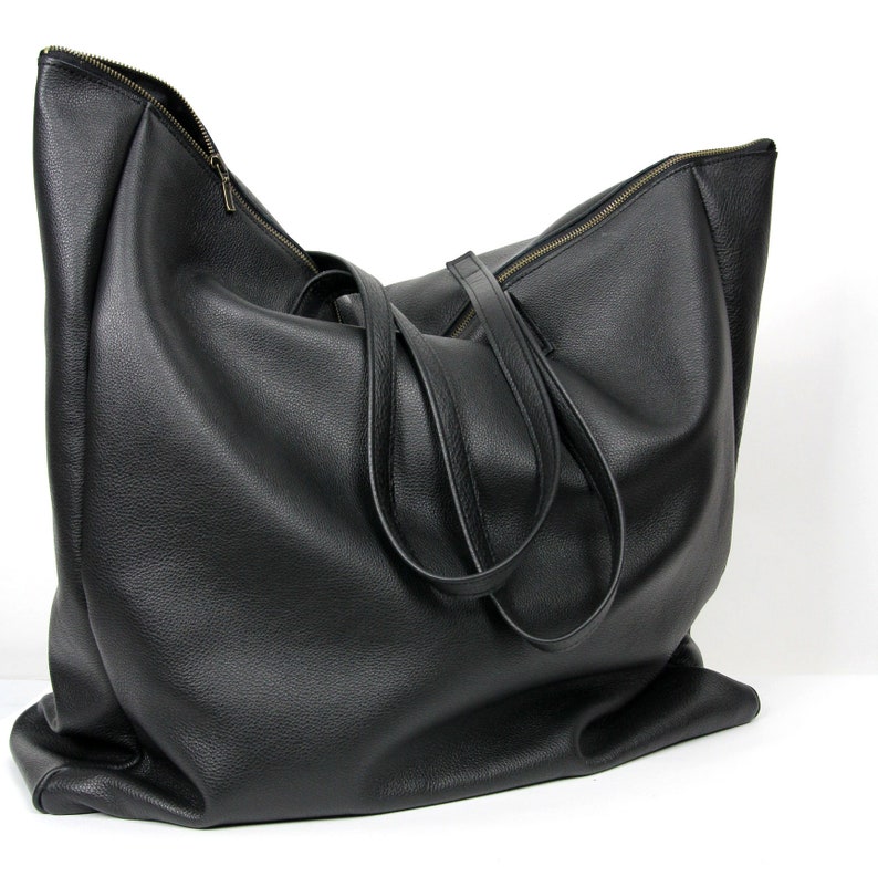 Oversized Black Leather Weekender Bag With Zipper Leather Etsy