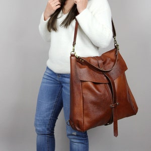 Leather Convertible Bag, Brown Leather Backpack Large Crossbody Bag, Cognac Leather Travel Bag Cognac Weekender Women's handbag Leather bag image 1