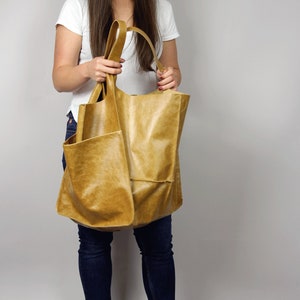 Mustard Leather Tote Bag, Mommy Bag, Book Bag, Women Leather Bag, Shopper Bag Slouchy Tote, Soft Leather Bag, Large Leather Campus Bag