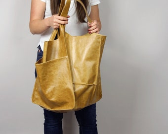 Sac fourre-tout en cuir moutarde, sac de maman, sac de livre, sac en cuir pour femme, sac fourre-tout souple, sac en cuir souple, grand sac de campus en cuir