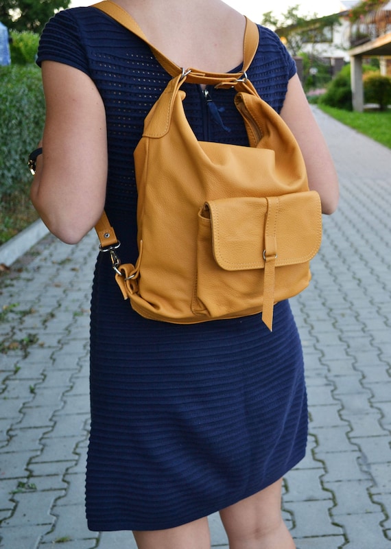 LEATHER BACKPACK PURSE Multi Way Rucksack Convertible Tote Bag Yellow  Leather Shoulder Bag Leather Purse Women's Handbag 
