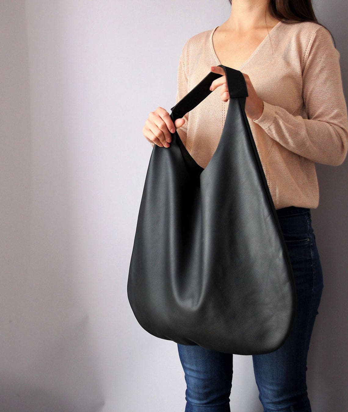 BLACK LEATHER HOBO bag Black Handbag for Women Black Handbag Etsy