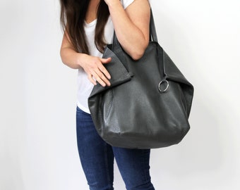 Grand sac à bandoulière en cuir, fourre-tout souple gris, sac en cuir gris, sac en cuir souple, sac de tous les jours, sac en cuir pour femme, sac de travail, cadeau de Noël