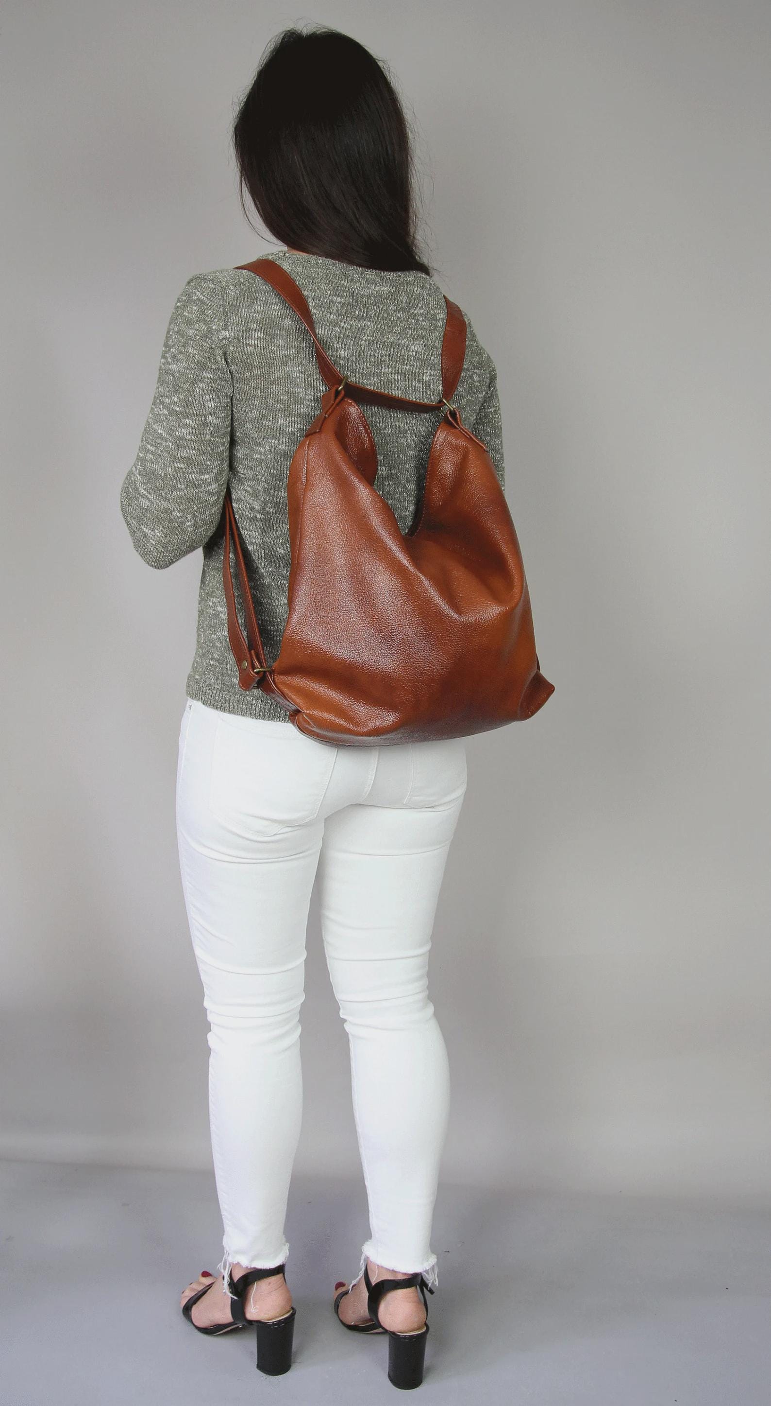 Convertible Backpack Shoulder Bag Crossbody Purse Full Grain Leather Handmade Blue Leather Convertible Backpack - Leather Backpack Purses main image 4