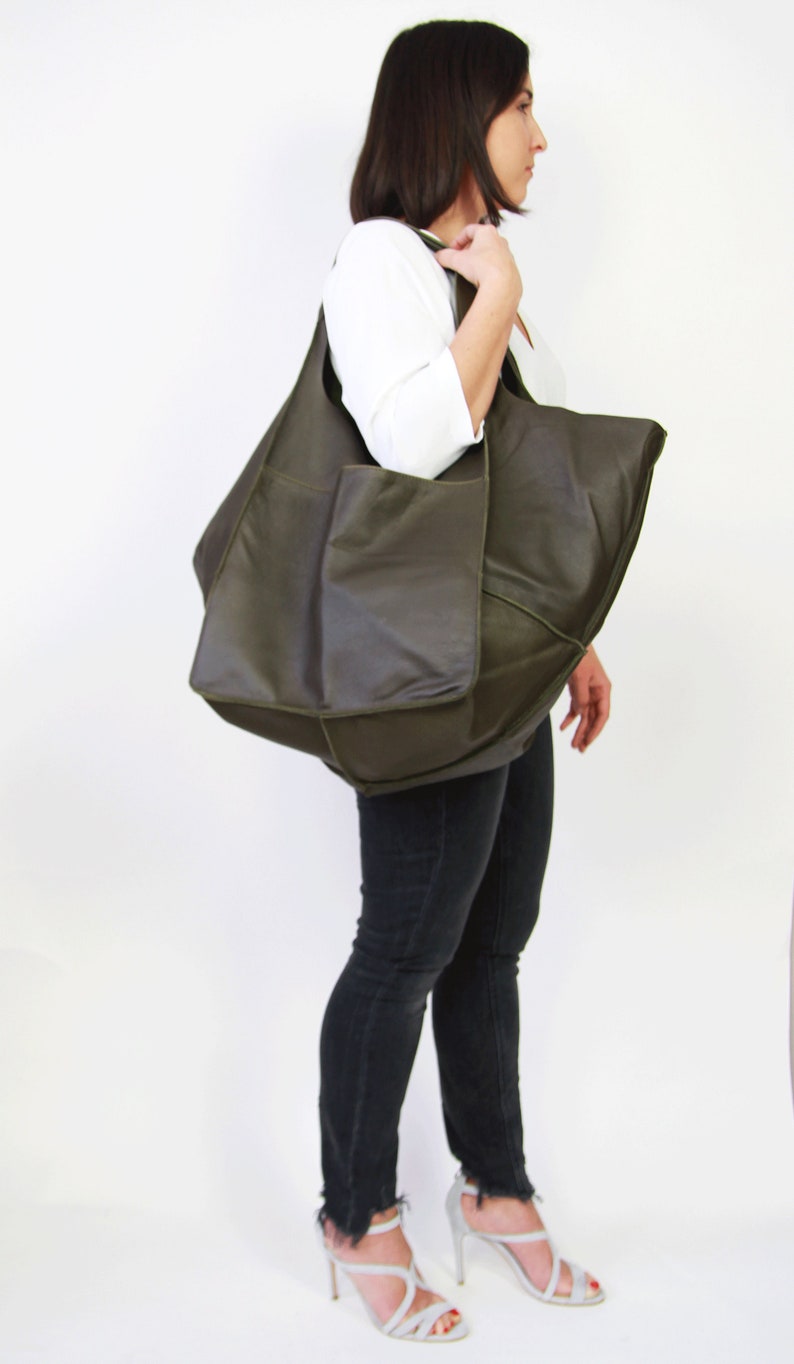 Unstructured Bags Oversized Green Leather Tote Bag – Slouchy Shoulder Bag, Weekender - Etsy