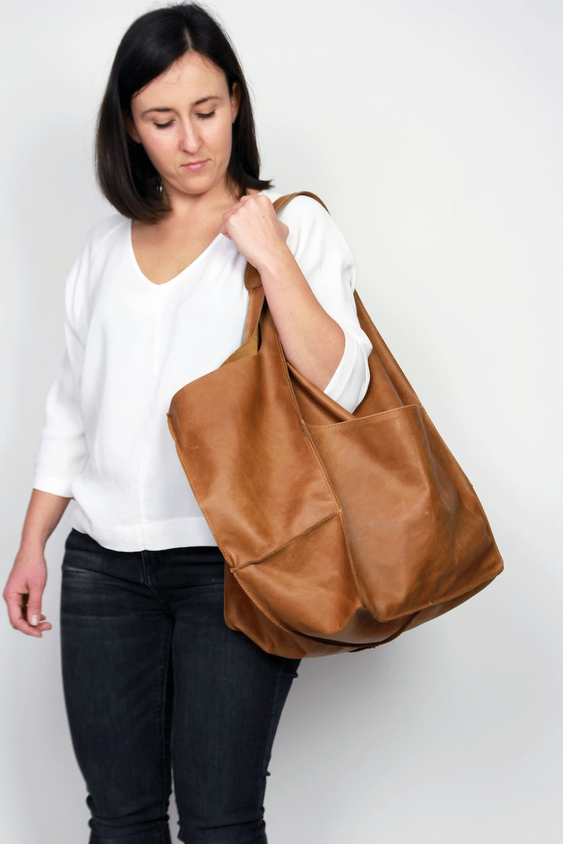 CAMEL Brown LEATHER TOTE bag, Slouchy Tote, Brown Handbag for Women, Every Day Bag, Women leather bag, Weekender Oversized bag image 1