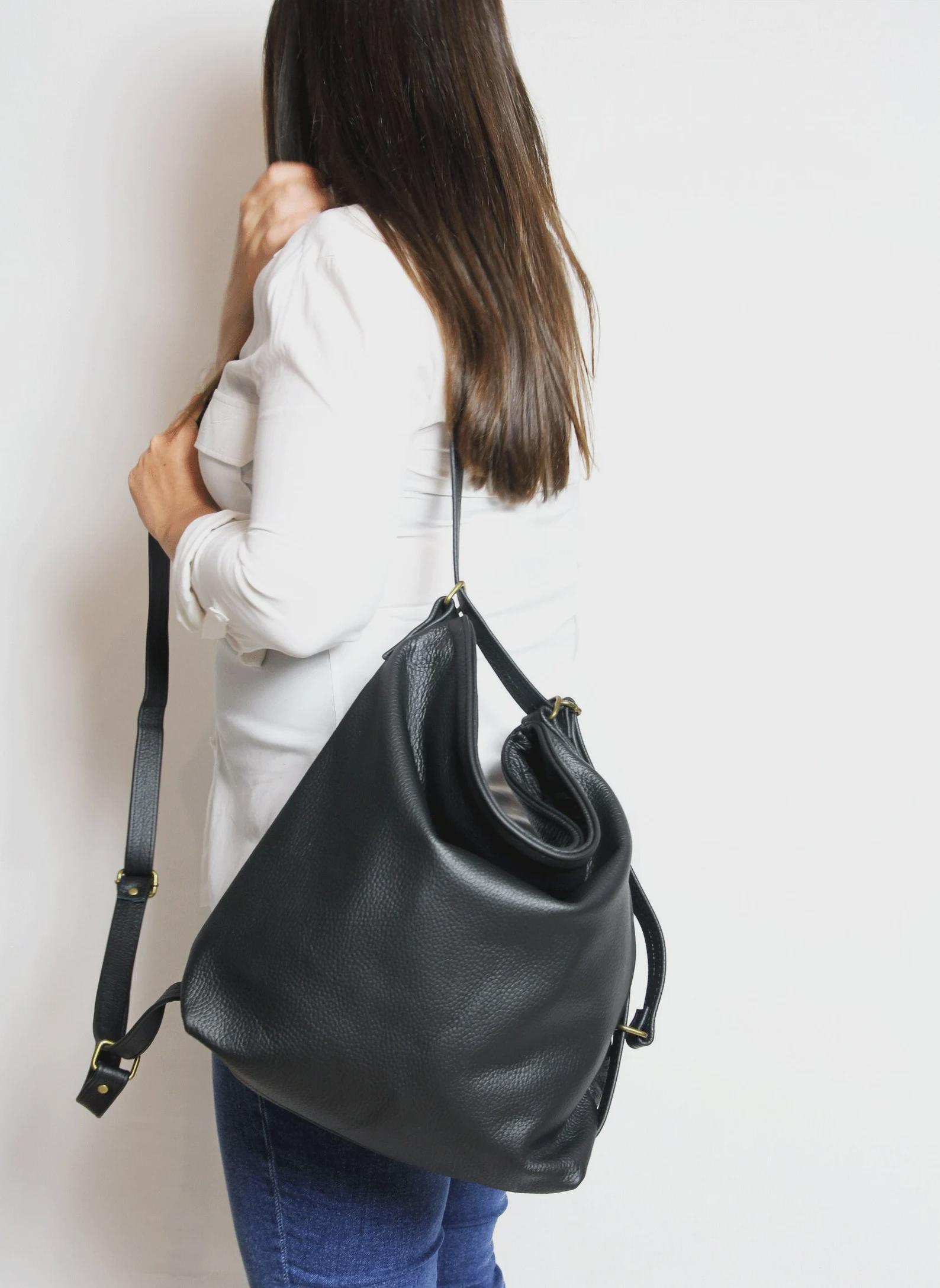 Convertible Leather Backpack Crossbody Bag: Handmade Full-Grain Shoulder Bag