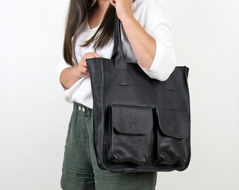 Bolso tote de cuero negro, bolso grande para uso diario con bolsillos