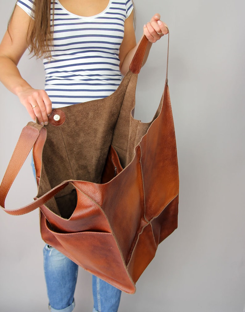 Weekender Oversized bag Large leather tote bag, Slouchy Tote, Cognac Handbag for Women, Soft Leather Bag, Every Day Bag, Women leather bag image 5