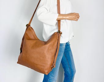 Brown LEATHER CONVERTIBLE BACKPACK Bag with Zipper: Cowhide Shoulder Bag