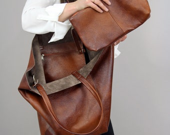 LARGE LEATHER TOTE shoulder bag, Slouchy Tote Bag, Brown Bag for Women, Soft Leather Bag, Every Day Bag