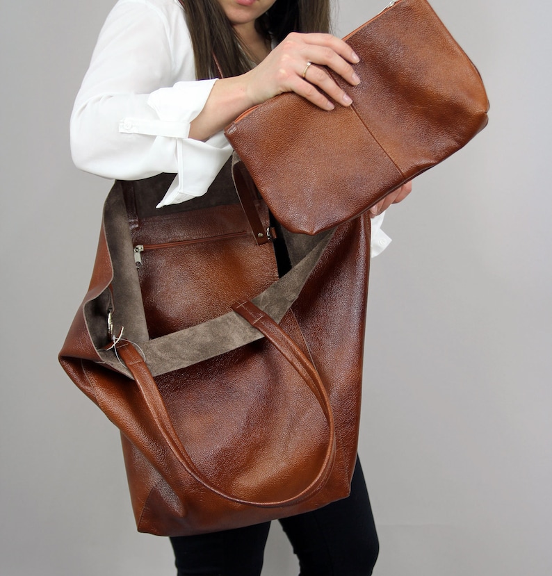 Large leather shoulder bag Brown Slouchy Tote Brown Handbag Etsy