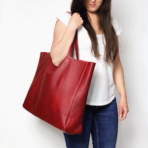 Red Tote Bag, Large Leather Bag for Work, Leather Purse Large Leather Bag Leather Shoulder Bag RedTote Bag Brown Leather Tote