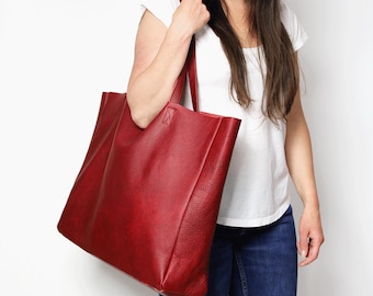 Red Tote Bag, Large Leather Bag for Work, Leather Purse Large Leather Bag Leather Shoulder Bag RedTote Bag Brown Leather Tote