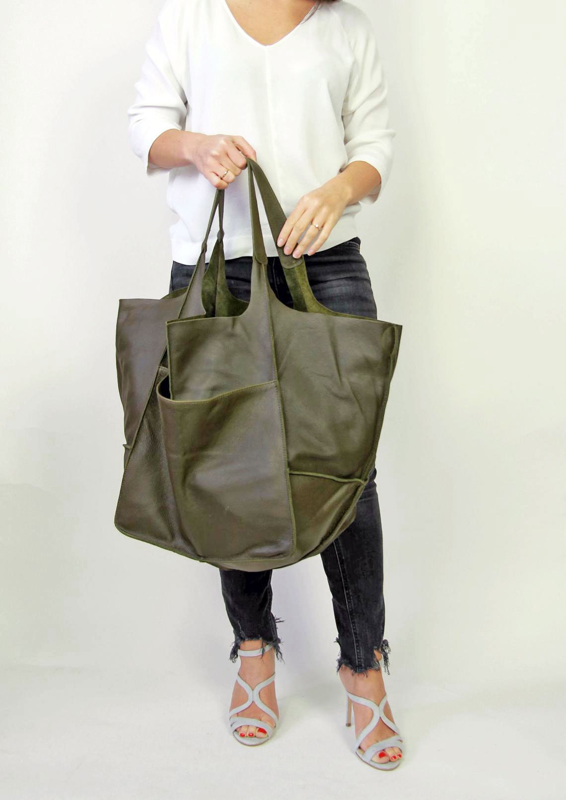 Large Tote Bag, Olive Leather, Oversized Green Leather