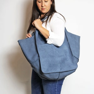Bolso tote extragrande de piel azul para mujer: bolso tote extragrande de piel nobuk con bolsillo, bolso tote de piel verde azulado, bolso de fin de semana extragrande.