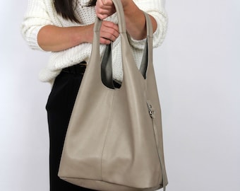 Sac hobo en cuir beige, sac à bandoulière, bandoulière, 2 en 1