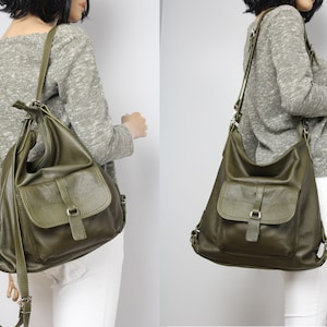 Multi Way Rucksack Hobo Bag Olive Leather Shoulder Bag  Green Convertible backpack  Brown Backpack Leather Rucksack