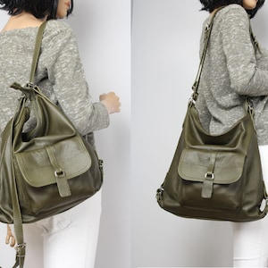 Multi Way Rucksack Hobo Bag Olive Leather Shoulder Bag Green Convertible backpack Brown Backpack Leather Rucksack zdjęcie 1