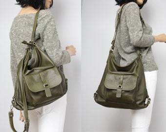 Multi Way Rucksack Hobo Bag Olive Leather Shoulder Bag  Green Convertible backpack  Brown Backpack Leather Rucksack