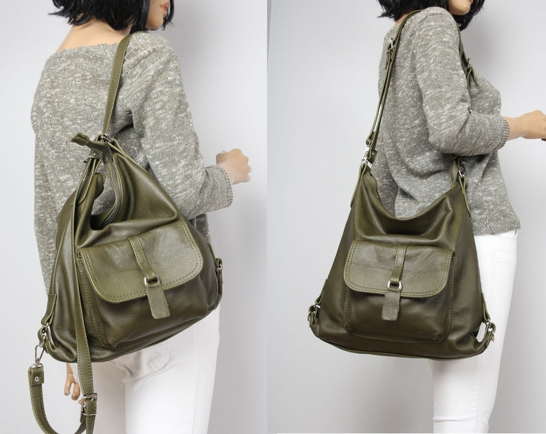 Multi Way Rucksack Hobo Bag Olive Leather Shoulder Bag Green Convertible backpack Brown Backpack Leather Rucksack zdjęcie 1