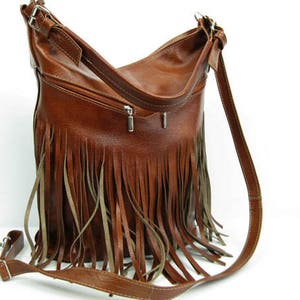 LEATHER FRINGE HOBO Bag Large Cross Body Leather Hobo Bag, Large Tote, Women's handbag, Leather shoulder Bag Leather Top Zip Handbag