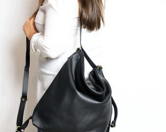 Mochila convertible de cuero negro: bolso de hombro, bandolera