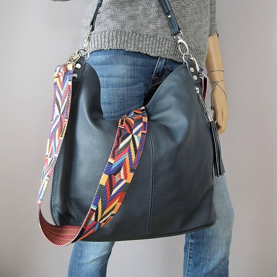 navy blue leather hobo bag