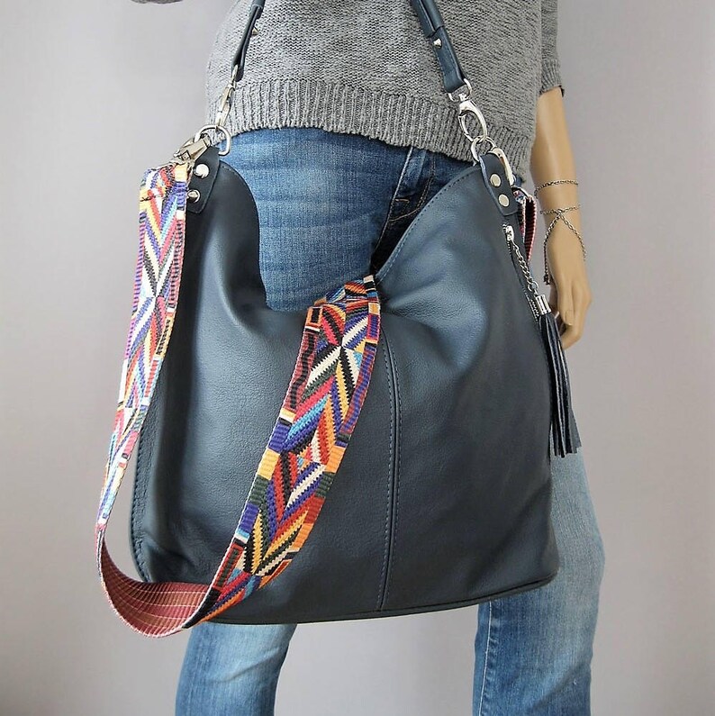 Leather Hobo Bag Everyday Shoulder Bag Navy Blue Leather Etsy