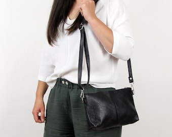 Minimalist Black Leather Crossbody Bag – Unlined Small Purse – Handmade Genuine Leather Handbag