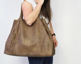 Sac fourre-tout marron, fourre-tout en cuir marron, grand sac en cuir pour le travail, grand sac fourre-tout en cuir, grand sac en cuir avec pompon, sac à bandoulière en cuir