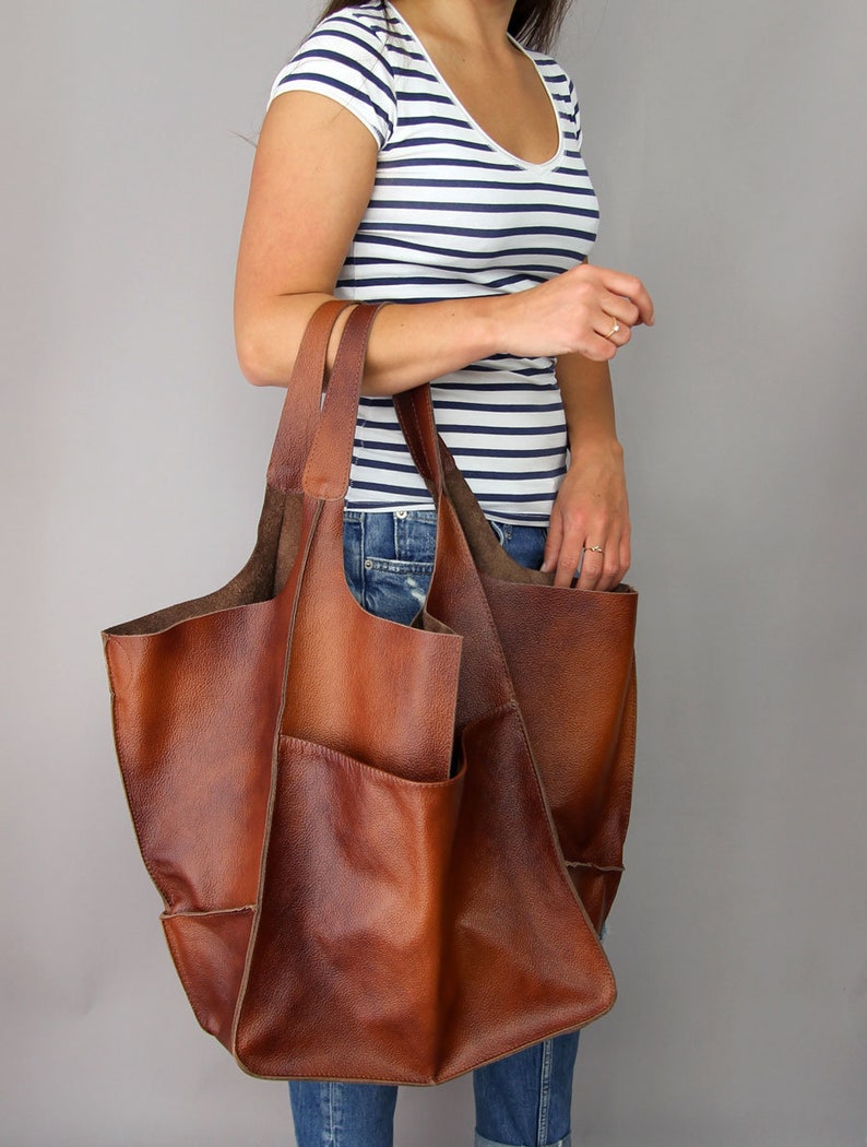 Weekender Oversized bag Large leather tote bag, Slouchy Tote, Cognac Handbag for Women, Soft Leather Bag, Every Day Bag, Women leather bag image 1