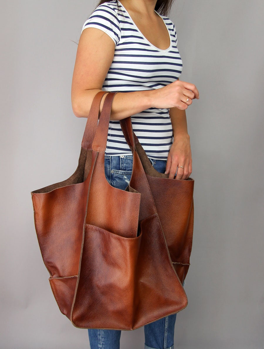 Leather Tote Bag, Honey / Classic / Oversized