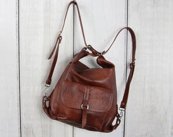 Cognac Leather Backpack Purse, Convertible Shoulder Bag