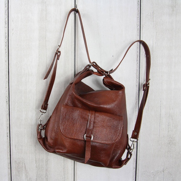 BROWN LEATHER BACKPACK purse  Backpack Leather Shoulder Bag   Cognac  Rucksack Leather Purse Bag Cognac  Women's handbag Leather bag