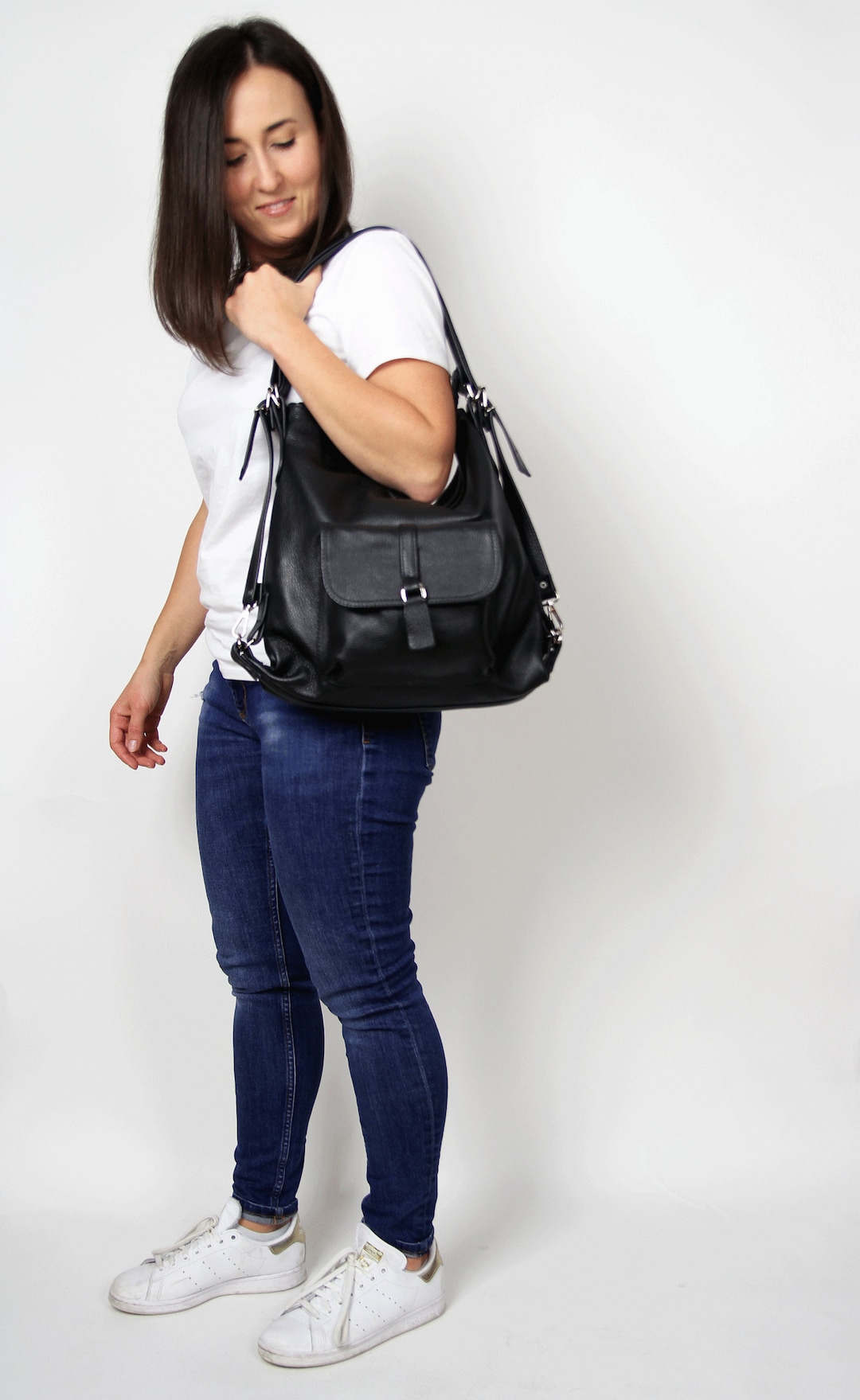 Black Convertible Bag LEATHER BACKPACK PURSE Leather Shoulder Bag Black Backpack Black Rucksack ...