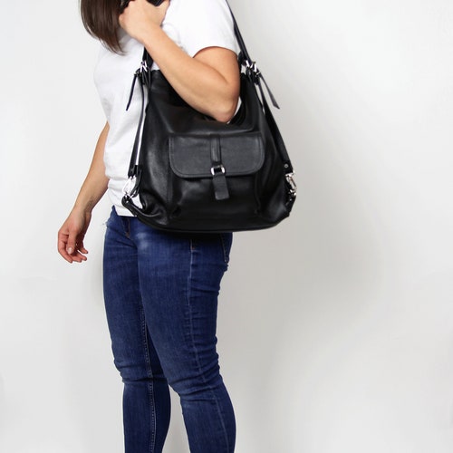 Sac à main convertible en cuir noir, sac à bandoulière