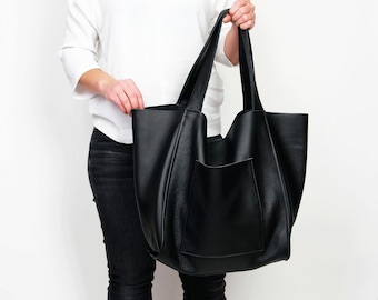 Black Leather bag Large leather tote bag, Every Day Bag, Women leather bag Slouchy Tote, Medium black Handbag for Women,  Soft Leather Bag