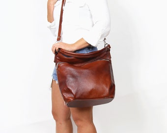Sac hobo en cuir marron cognac, bandoulière ample, sac à bandoulière de tous les jours